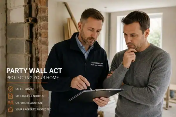 Party wall surveyor Horndean discussing extension plans with homeowner outside a UK semi-detached house.